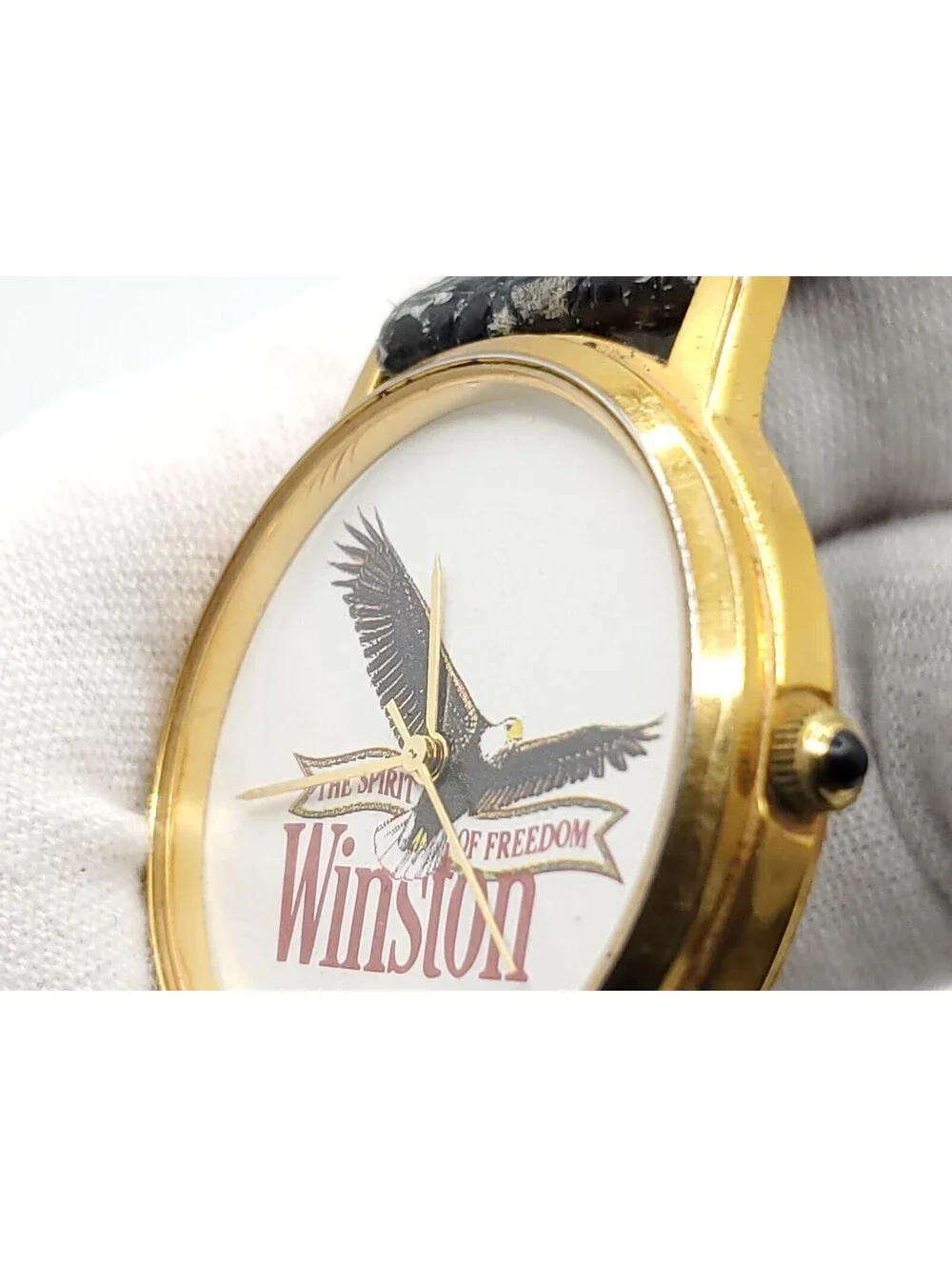 Winston Quartz Watch New Battery Gold Tone Black Band Round 32mm